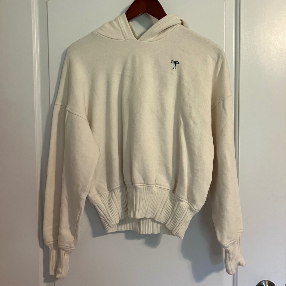 Aerie Real Me Fleece Cropped Hoodie Cream Ivory Bow Embroidered XS
